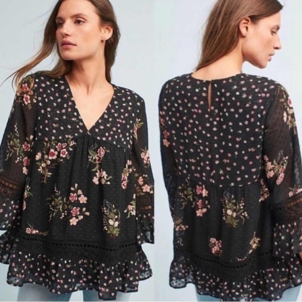 Anthropologie Black Floral V-Neck Peasant Blouse